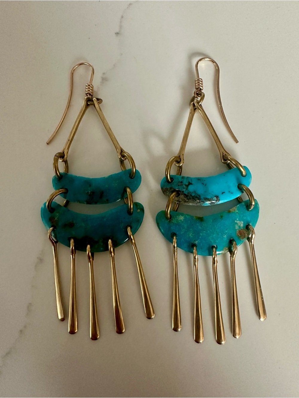 Turquoise Fountain Double-Arc Dangle Earrings with Bronze Gold Fringe